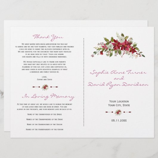 Winter Red Poinsettia Wedding Programme (Voorkant / Achterkant)