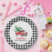 Winter Red Truck First Birthday Black Papieren Bordje (Feest)