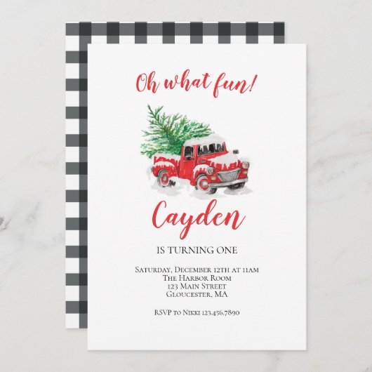 Winter Red Truck First Birthday Invitation Kaart (Voorkant / Achterkant)