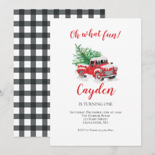 Winter Red Truck First Birthday Invitation Kaart