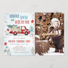 Winter Red Truck Snow Fun Boy Eerste Verjaardag Kaart