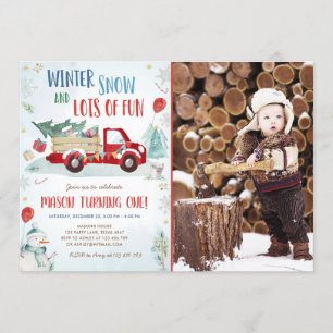 Winter Red Truck Snow Fun Boy First Birthday Kaart