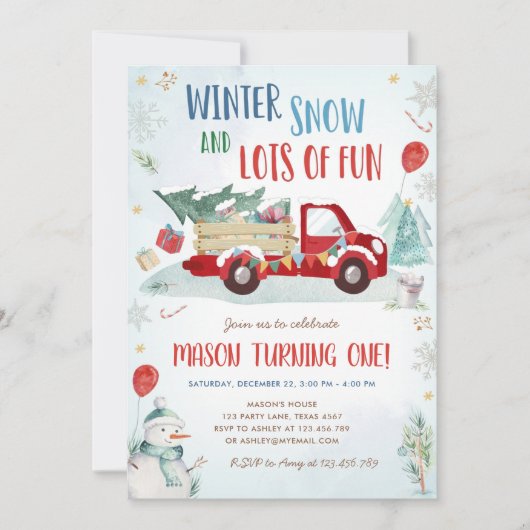 Winter Red Truck Snow Fun Boy First Birthday Kaart (Voorkant)