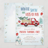 Winter Red Truck Snow Fun Boy First Birthday Kaart (Voorkant / Achterkant)