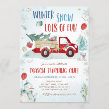 Winter Red Truck Snow Fun Boy First Birthday