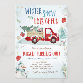 Winter Red Truck Snow Fun Boy First Birthday Kaart