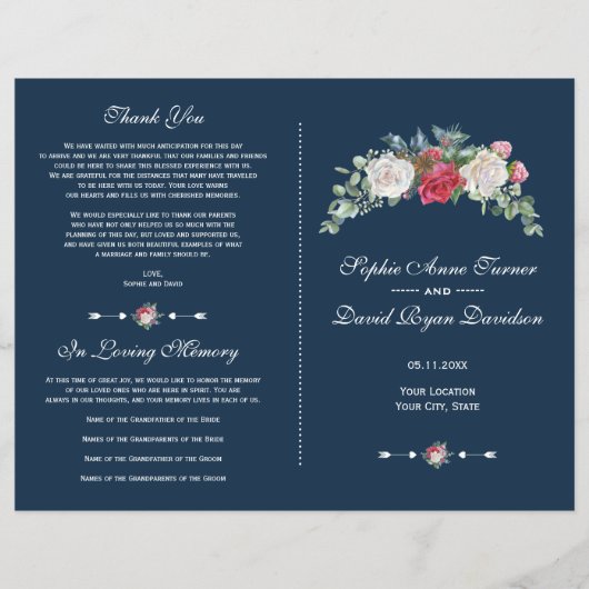Winter Red White Flowers Berries Wedding Programme Flyer (Voorkant)