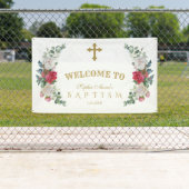 Winter Red White Flowers Gold Welcome Sign Spandoek (Insitu)