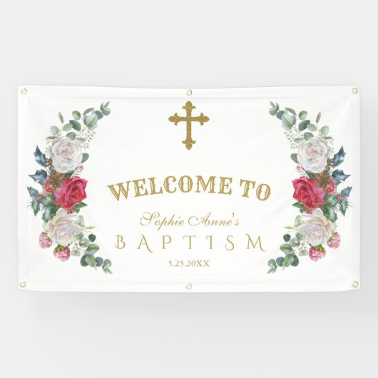 Winter Red White Flowers Gold Welcome Sign Spandoek (Horizontaal)