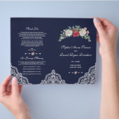 Winter Red White Flowers Lace Navy Wedding Program Flyer (Hand)