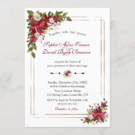 Winter Red White Poinsettia Roos Gold Wedding Kaart