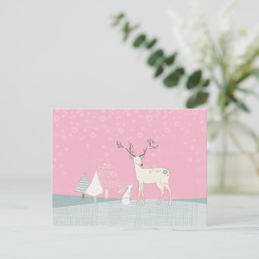 Winter Reindeer en Bunny op de valsneeuw Briefkaart (Staand voorkant)