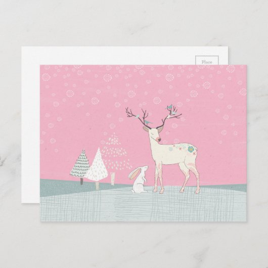 Winter Reindeer en Bunny op de valsneeuw Briefkaart (Voorkant / Achterkant)
