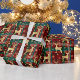 Winter Rendier & Sneeuwvlokken Tartan & Goud Folie Cadeaupapier
