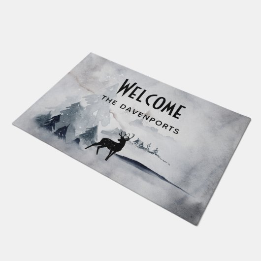 Winter rendieren rustieke grijs Waterverf welkom Deurmat (Schuin)