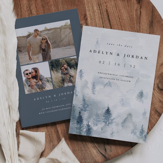 Winter Reverie | Blue Watercolor Pine Wedding Save The Date