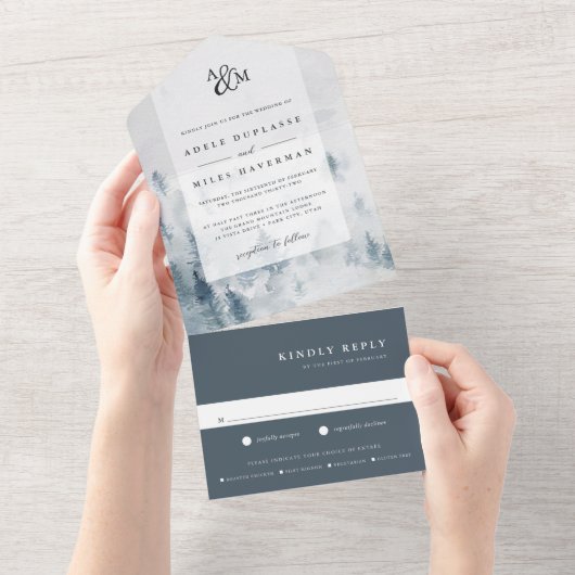 Winter Reverie Monogram Weddenschap All In One Uitnodiging (Afscheurbaar)