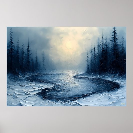 Winter River Bend - Abstracte mistige bosscene Poster (Voorkant)