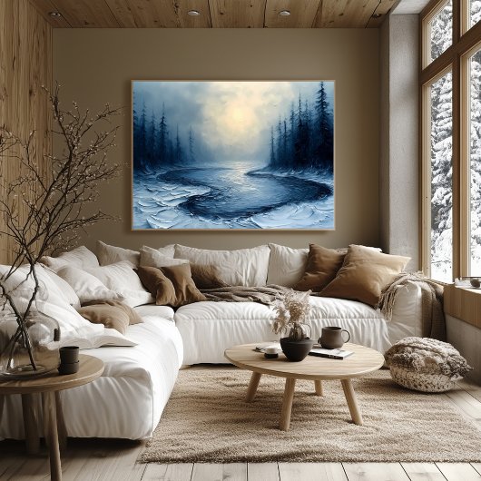 Winter River Bend - Abstracte mistige bosscene Poster