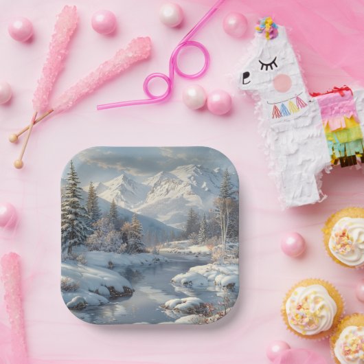 Winter River Pine Tree Forest Mountains Papieren Bordje (Feest)