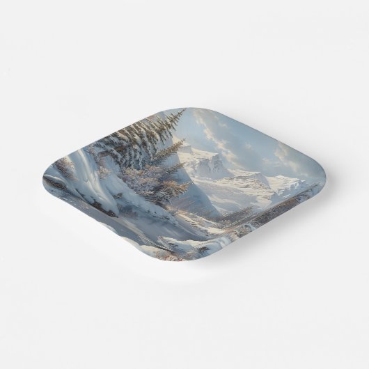 Winter River Pine Tree Forest Mountains Papieren Bordje (Gebogen)