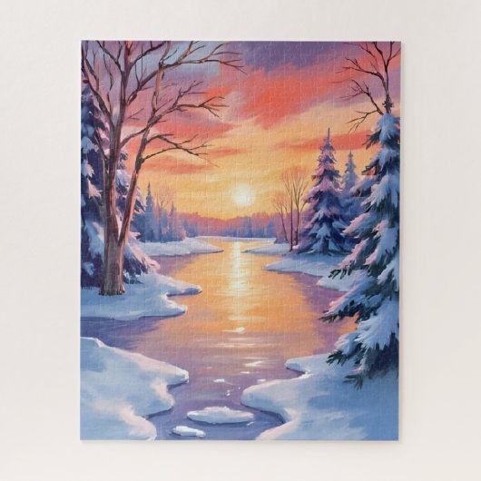 Winter River Sunset Landscape Snow Watercolor Legpuzzel (Verticaal)