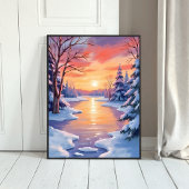 Winter River Sunset Landscape Snow Watercolor Poster