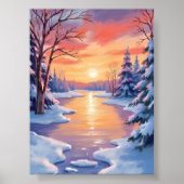 Winter River Sunset Landscape Snow Watercolor Poster (Voorkant)