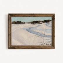 Winter Rivier Cabine Landschap Poster
