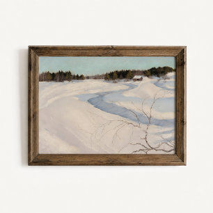 Winter Rivier Cabine Landschap Poster