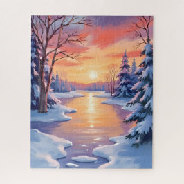 Winter Rivier Zonsondergang Landschap Sneeuw Aquar Legpuzzel