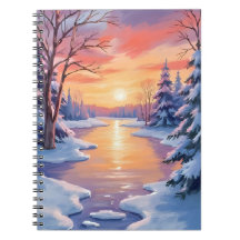 Winter Rivier Zonsondergang Landschap Sneeuw Aquar