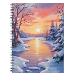 Winter Rivier Zonsondergang Landschap Sneeuw Aquar Notitieboek