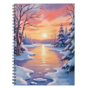 Winter Rivier Zonsondergang Landschap Sneeuw Aquar Notitieboek