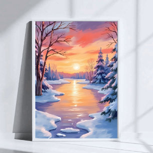 Winter Rivier Zonsondergang Landschap Sneeuw Aquar Poster