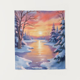 Winter rivier zonsondergang landschap sneeuw aquar wandkleed