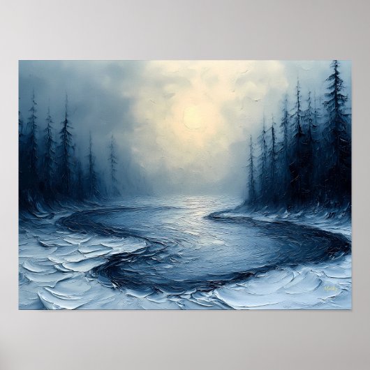 Winter Rivierbocht – Abstracte Nevelige Bos Scene Poster (Voorkant)