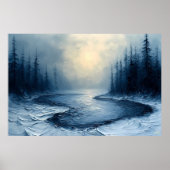 Winter Rivierbocht – Abstracte Nevelige Bos Scene Poster (Voorkant)
