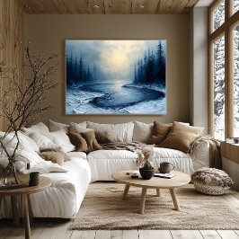 Winter Rivierbocht – Abstracte Nevelige Bos Scene Poster