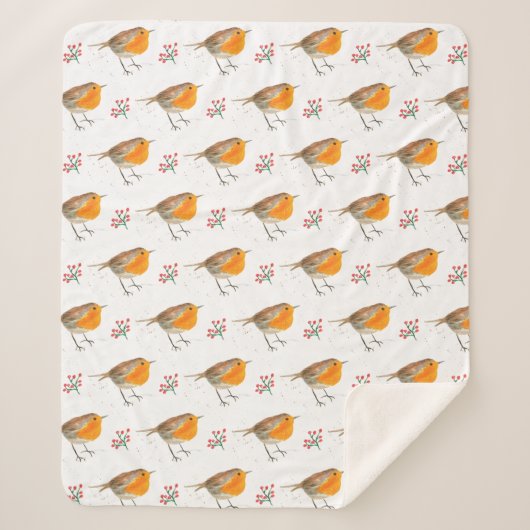 Winter Robin Bird Pattern Waterverf Kerstmis Sherpa Deken (Voorkant)