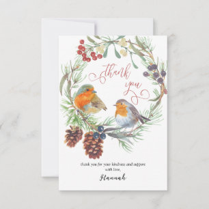 Winter Robin en Dennenkrans Calligrafie Bedankkaart