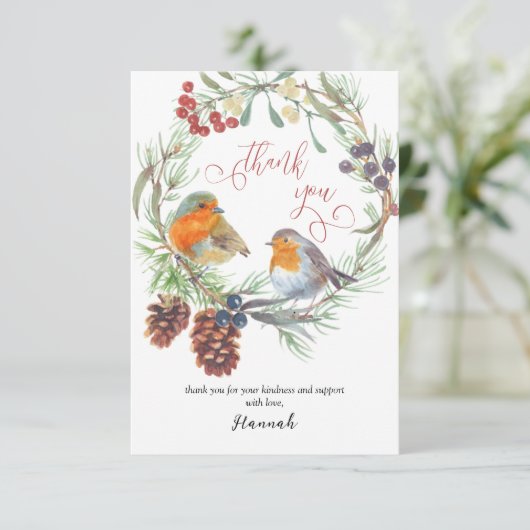 Winter Robin en Pine Wreath Calligrafie Bedankkaart (Staand voorkant)