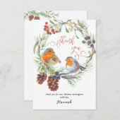 Winter Robin en Pine Wreath Calligrafie Bedankkaart (Voorkant / Achterkant)