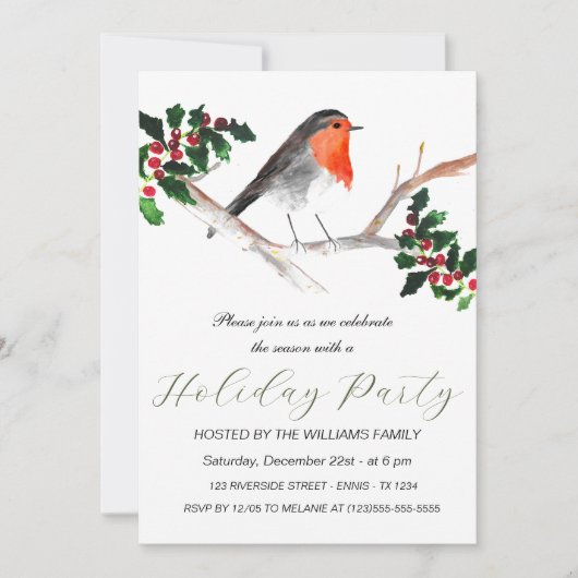 Winter Robin Hulst Feestelijke Feest Watercolor  Feestdagenkaart (Voorkant)