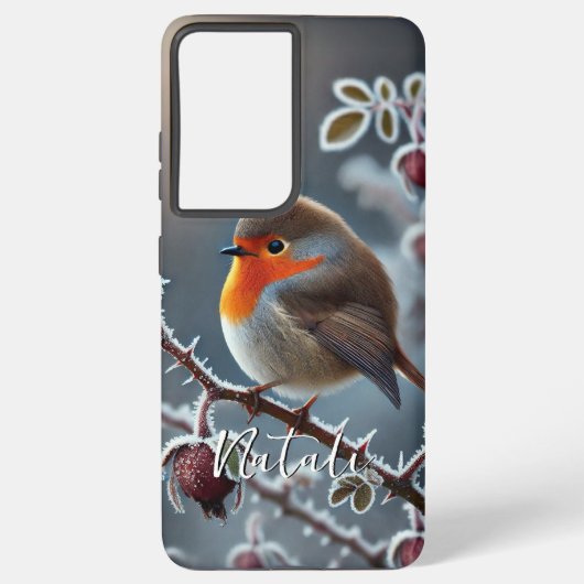 Winter Robin neergestreken op Frosted Roos Branch Samsung Galaxy Hoesje (Achterkant)