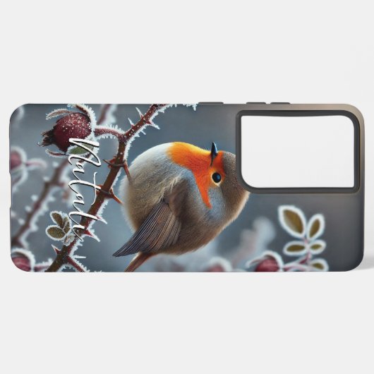 Winter Robin neergestreken op Frosted Roos Branch Samsung Galaxy Hoesje (Achterkant horizontaal)
