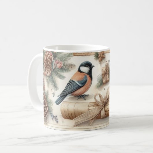 Winter Robin & Scroll: Antieke Kerstmok Koffiemok (Voorkant links)