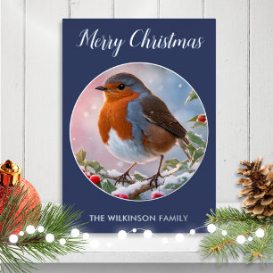 Winter Robin Vogel Aquarel Wilde Natuur Gepersonal Folie Feestdagenkaart