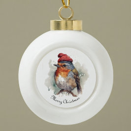 Winter Robin Watercolor Rode Hoed Patroon Keramische Bal Ornament
