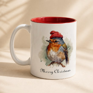 Winter Robin Watercolor Rode Hoed Patroon Tweekleurige Koffiemok